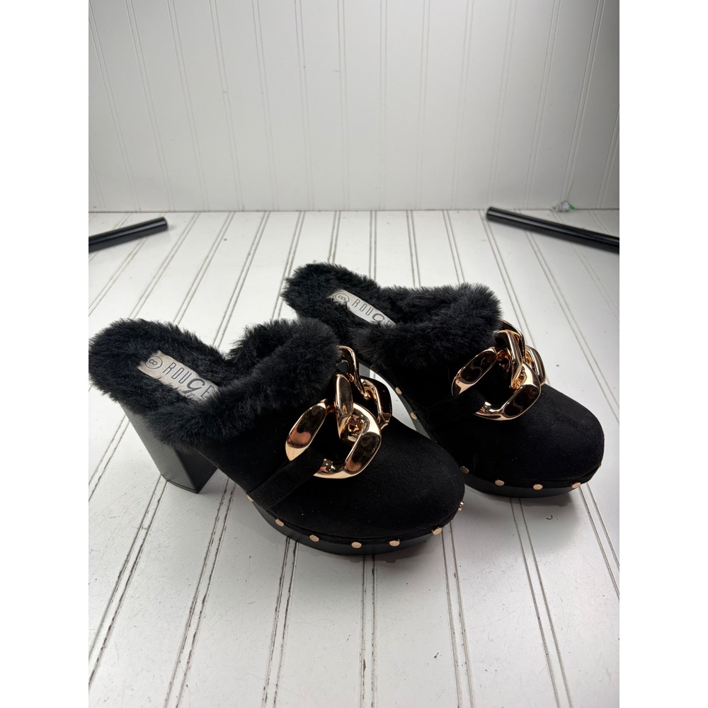 Rouge Vintage Y2K Black Faux Fur Gold Chain Platform Mules Women's Size 8 - Picture 5 of 9